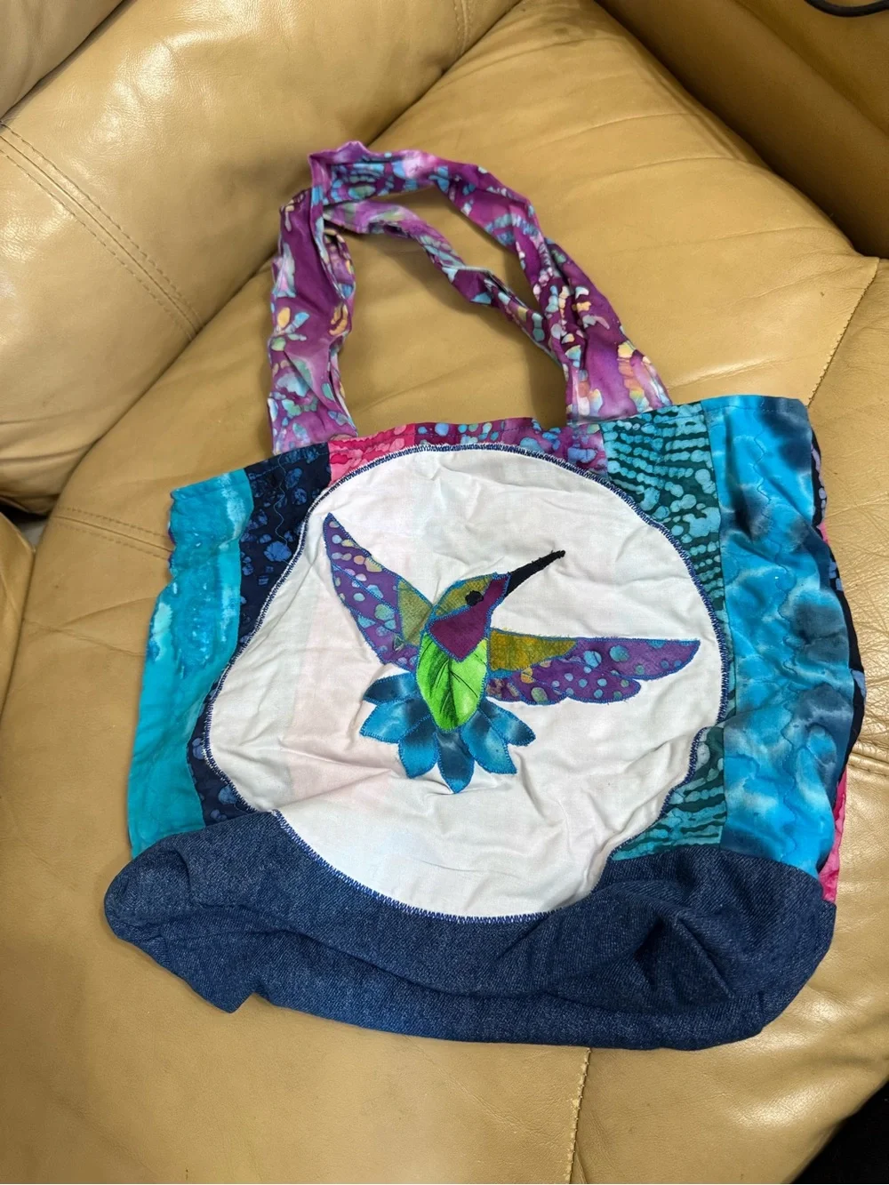Handmade Batik Patchwork Hummingbird Tote Bag Denim Boho Artisan